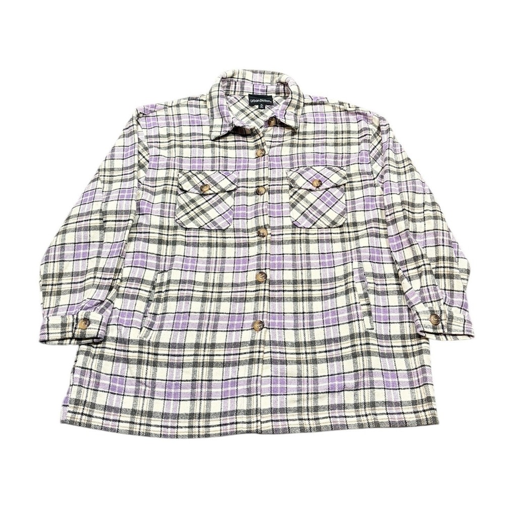 Urban Diction Women's XL Plaid Button Up Shirt Jacket Shacket Oversized Purple‎